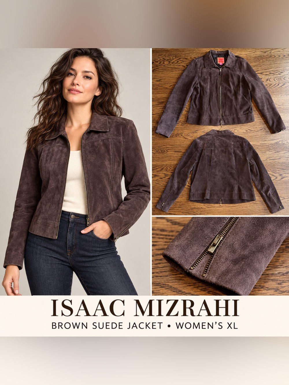 Isaac Mizrahi Brown Suede Zip-Front Jacket Women’s XL